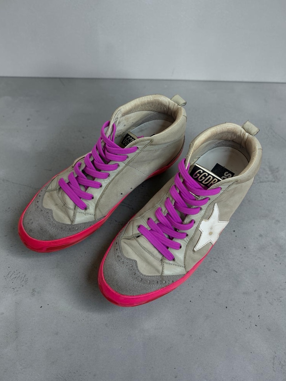 Golden Goose Mid-Top Sneakers in Grey with Pink Sole and Purple Laces